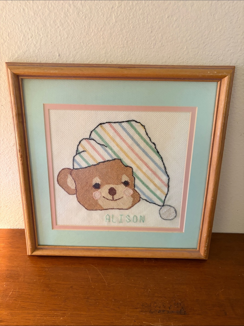 Framed Cross-Stitch Teddy with Striped Nightcap